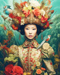 © TRINETTE + CHRIS - Haute couture fashion portrait Asian woman with flowers bird in studio. Generative AI