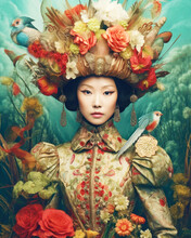 Haute Couture Fashion Portrait Asian Woman With Flowers Bird In Studio. Generative AI