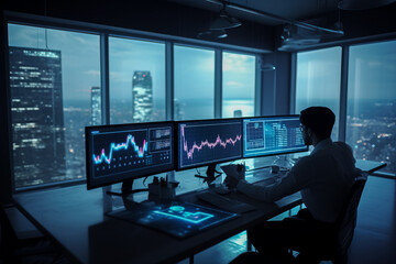 Poster - Businessman using computer in modern office with cityscape and financial graph. Generative AI