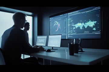 Poster - Businessman using computer in modern office with cityscape and financial graph. Generative AI