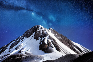 Poster - Northern Lights over snowy mountains. Aurora borealis with starry in the night sky. Fantastic Winter Epic Magical Landscape of snowy Mountains.