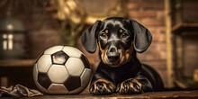 Small Dachshund Puppy  Dog With A Soccer Ball/ Football	