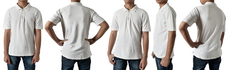 Blank collared shirt mock up template, front side and back view, Asian teenage male model wearing plain white t-shirt isolated on white. Polo tee design mockup presentation for print