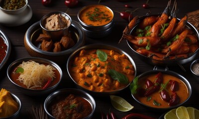 Wall Mural - Traditional Indian dishes on the wooden table