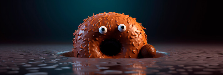 Wall Mural - Banner with cute unusual chocolate donut with pop-eyed. Generative AI. Funny doughnut is covered in chocolate. National Donut Day or Fat Thursday. Header panorama for website, advert, children's menu.