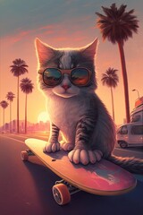 Wall Mural - Cat on the car. AI generated art illustration.