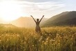 woman with open arms in a meadow enjoying nature. Freedom concept - generative AI