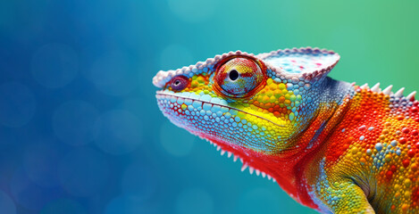 colorful chameleon on a blue background, generative ai