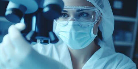 Poster - scientist woman working with microscope in laboratory. science research and development concept.