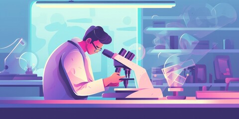 Poster - Scientist working with microscope in laboratory. illustration in flat style