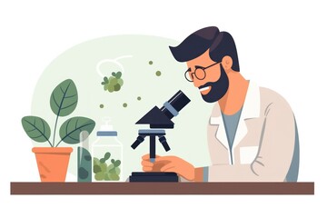 Poster - Scientist working with microscope in lab. illustration in flat style, white colors
