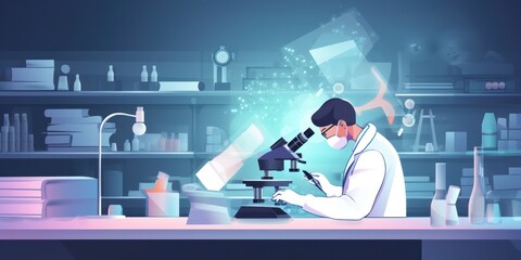 Poster - Scientist working with microscope in laboratory.lab medical,