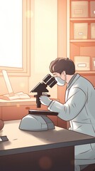 Poster - Illustration of a scientist looking through a microscope in a laboratory. vertical,