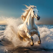 Immerse yourself in the vibrant ambiance of a magnificent horse running along the beach, with waves crashing and creating captivating splashes.  Generative AI