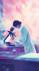 Poster - illustration of scientist working in laboratory with microscope and test tubes. vertical.