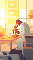 Poster - Scientist working with microscope in laboratory. with sunset light from window, vertical,