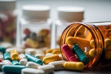 Aufkleber - colorful Pills spilling out of pill bottles , drug store pharmacy concept.