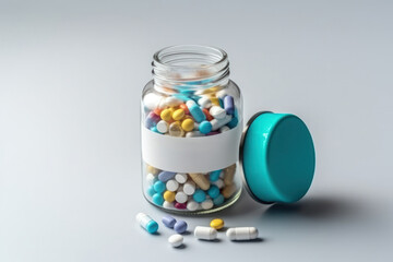 Poster - Prescription pills in a glass jar on white background mock up with copy space.