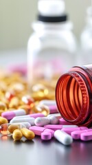 Aufkleber - Assorted pharmaceutical medicine pills, tablets and capsules spilling out of pill bottle. vertical