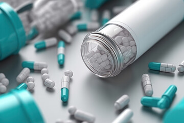 Aufkleber - Close up of a white pill bottles with spilled out pills and capsules, conceptual medical concept,