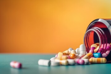 Aufkleber - Pills spilling out of pill bottle on colorful background with copy space, medicine concept,