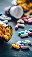 Poster - Pills spilling out of pill bottle on black background.vertical , soft bokeh
