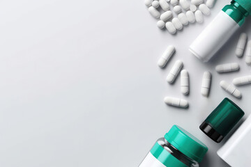 Poster - white pills and capsules and pills jar bottle with copy space on green background. flat lay.