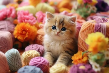 Wall Mural - A cute kitten plays with a ball of thread. AI generated, human enhanced