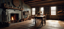 Inside A 1700s, Early 1800s, Colonial Or Pre Electric Age Old Wood Cabin Or House With Fireplace.  Room With Tools, Various Containers, And A Table. Rustic Feel. Hand Edited Generative AI. 