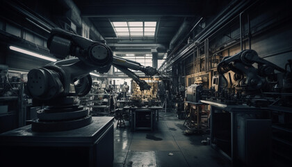 Wall Mural - Metal industry workshop with modern machinery and robotic arms generated by AI