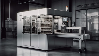 Sticker - Modern stainless steel commercial kitchen with automated machinery and conveyor belt generated by AI