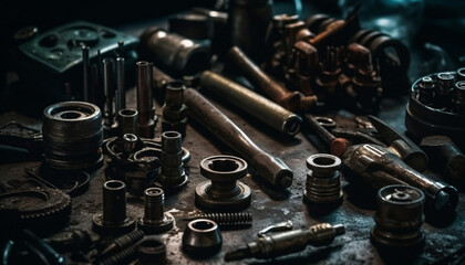 Poster - Rusty metal machinery in dirty factory workshop with selective focus generated by AI