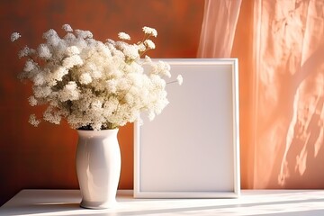 Sticker - Gypsophila flowers in light and shadows with a white photo frame serve as a mockup. still image Generative AI