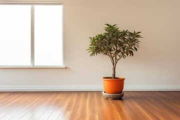 Poster - interior of a barren room with an orange-decorated molded panel, a wooden floor, a potted plant, and