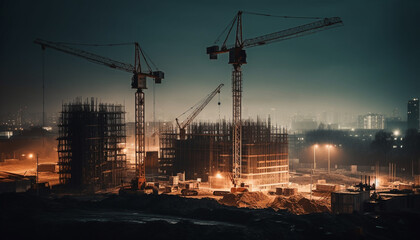 Wall Mural - Modern factory design with dark cityscape and construction machinery activity generated by AI