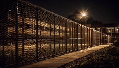 Canvas Print - Vanishing point of modern architecture, empty prison illuminated at dusk generated by AI