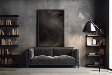 Poster - Front view of a contemporary living room with a black sofa, an abstract floor lamp, stocked bookcases, and an empty billboard. a mockup Generative AI