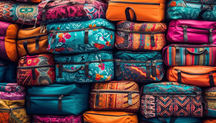 Poster - Multi colored luggage stack, a fashion collection for travel destinations generated by AI