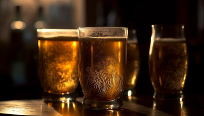 Canvas Print - Foamy beer poured into a pint glass on a bar counter generated by AI