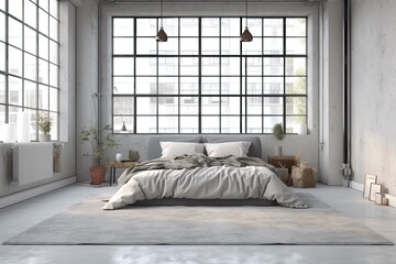 bedroom interior in a loft apartment. minimalist d�cor in an industrial and Scandinavian design. Grey pillows on a double bed. Generative AI