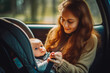 © VisualProduction - Smiling mother fastening seat belt on her newborn baby in a car seat, baby smiling and being happy. Generative AI
