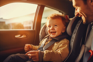 baby girl sitting in the child car seat with seat belt fasten and smiling, car interior in the backg