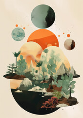 Wall Mural - minimalistic collage of green plants and trees different types in a circle, mountains and planets ar