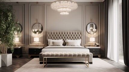 Luxury bedroom in classic style. Prestige and elegant interior. Created with generative AI