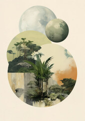 Wall Mural - minimalistic collage of green plants and trees in a circle and planets around. fragmented style