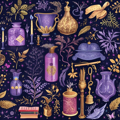 Poster - Seamless pattern with witch potions magic