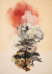 Wall Mural - minimalistic collage of smoke and fire in the with trees. bad ecology air. collage-style paint