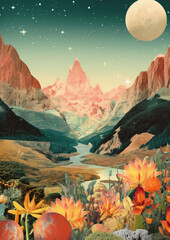 Wall Mural - minimalist collage of stars, planet, high rocks, river and plants, fragmented planes, collage-style 