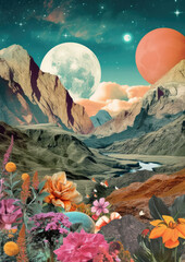 Wall Mural - minimalist collage of big planet, rocky mountains with mountain river and plants, fragmented planes,