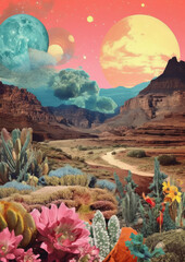 Wall Mural - minimalistic collage cut of planets, desert, canyon, flowers and red sky. fragmented planes, collage